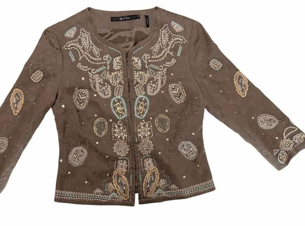 Nic+Zoe Beaded Embroidered Jacket Size XS Olive Cotton